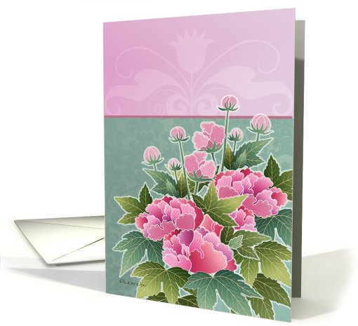 bunch of peonies on pink and green background, blank card (810922)