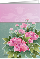 bunch of peonies on pink and green background, blank card