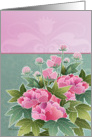 bunch of peonies on pink and green background, blank card