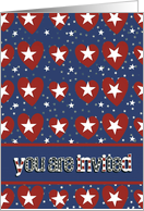 invitation fourth of July, red white and blue, stars and hearts card