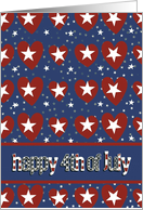 happy fourth of July, red white and blue, hearts and stars card
