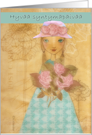 Hyv syntympiv, happy birthday in Finnish, folkart girl with roses card