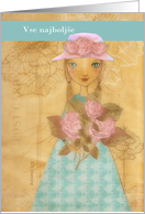 happy birthday in Slovenian, cute folkart girl with roses card