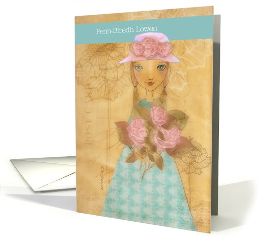 happy birthday in Cornish, cute folkart girl with roses card (814751)
