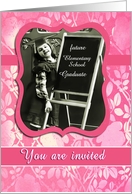 You are invited, Graduation Kindergarten, vintage girl, pink floral card