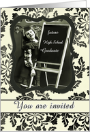 you are invited, daughter’s graduation high school, vintage girl, damask floral card