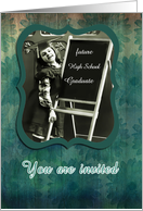 you are invited, daughter’s graduation high school, vintage girl, green floral card