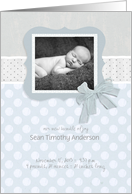 new baby boy birth announcement, photo card, grey, 3d-effect ribbon card