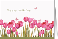 flowers, happy birthday card, pink tulips and butterfly, watercolor card