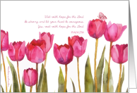 Psalm 27:14, scripture encouragement card, tulips and butterfly card