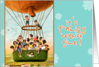 invitation family reunion, vintage hot air balloon, children, turquois card