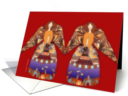 angels with candle, mixed-media painting, collage, star and moon card