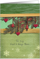 Dad & Step Mom,christmas card,hearts,fir cone, pine branch, card