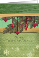 to my niece & family, christmas card, fir cones on pine branches card