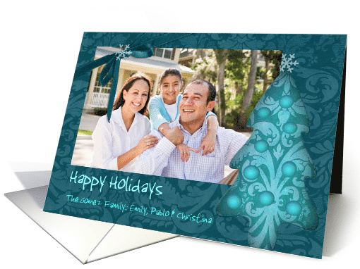 christmas photo card,christmas tree, blue damask and ornaments card