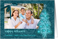 christmas photo card,christmas tree, blue damask and ornaments card