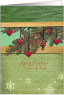 merry christmas from our new home, red heart, pine branch, fir cone card
