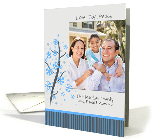 merry christmas photo card, blue snowflakes on grey background card