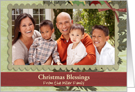 merry christmas photo card, holly and leaves on green/red background card