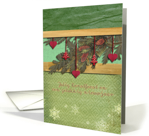 Dutch merry christmas card, hearts and pine cones, fir branch card