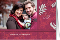 christmas photo card, joy, fir branches on red background card