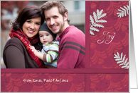 christmas photo card, joy, fir branches on red background card