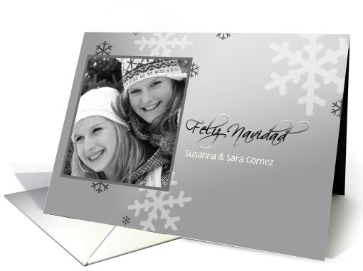 Spanish merry christmas photo card, silver grey snowflakes card
