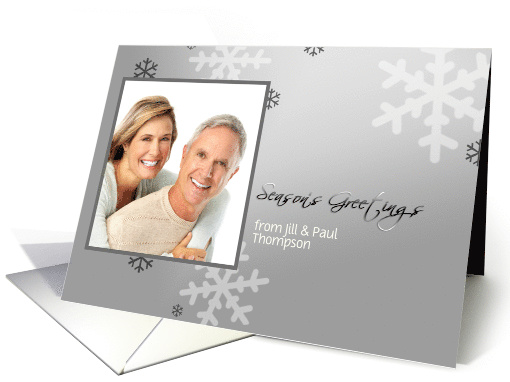 season's greetings, christmas photo card, silver grey snowflakes card