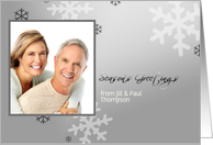 season’s greetings, christmas photo card, silver grey snowflakes card