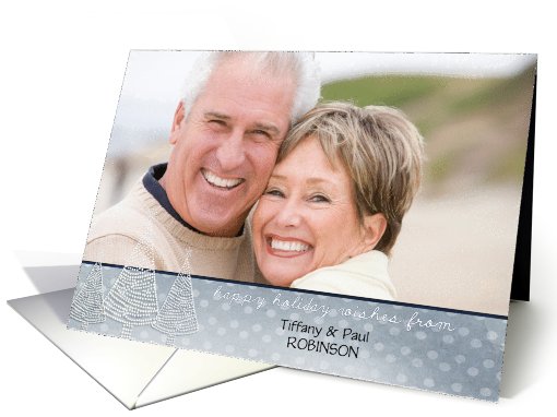 happy holidays, christmas photo card, silver grey christmas trees card