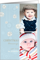Christmas blessings, photo card, snowflakes & ornaments, blue & white card