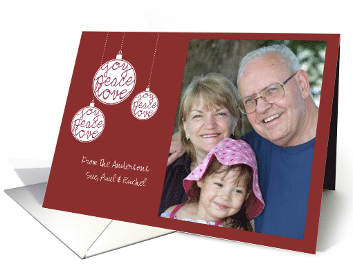 Christmas Custom Photo Joy Peace Love Ornaments Red and White card