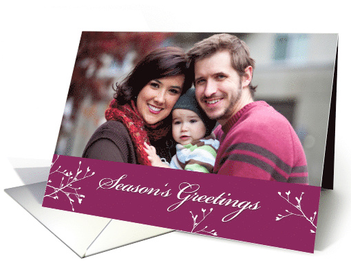 Christmas Photo Season's Greetings Leaves on Red Background card