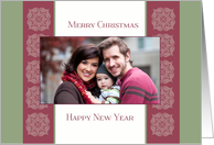 christmas photo card,red border and ornaments, green background card