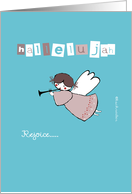 hallelujah, rejoice, christian christmas card, cute angel, trumpet card