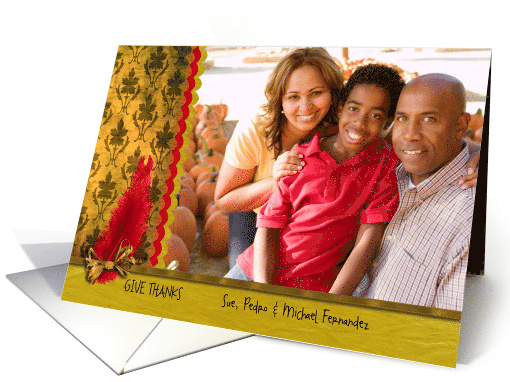 Happy Thanksgiving Custom Photo Damask and Feather card (854956)