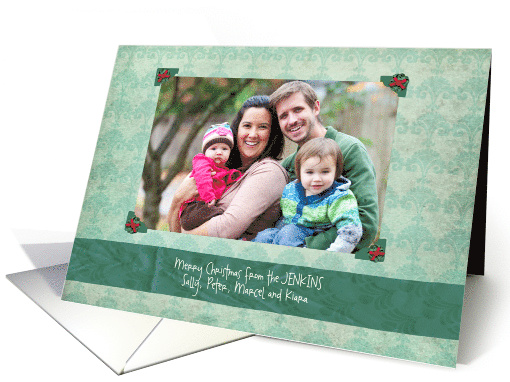 Christmas Custom Photo Corners Green Damask with Bows card (855544)