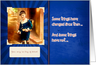 first day of school, vintage boy, blue and sepia, card