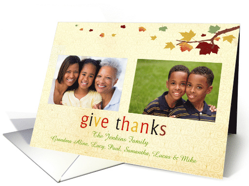 Give Thanks Thanksgiving Custom Photo with Fall Leaves card (857968)