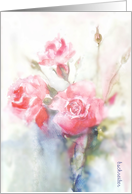 soft pink roses in blue vase, watercolor painting, still life card