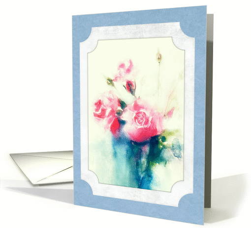 soft pink roses in blue vase, watercolor painting, still life card