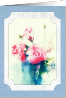 soft pink roses in blue vase, watercolor painting, still life card