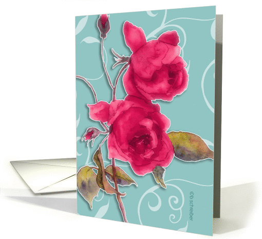 two red roses, watercolor painting, turquoise background, card
