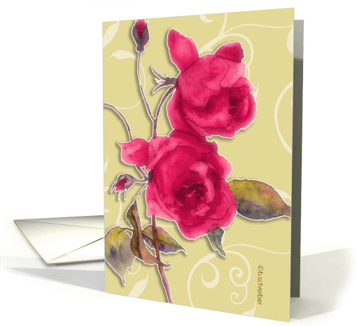two red roses, watercolor painting, pale green background, card