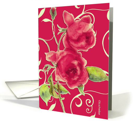 two red roses, watercolor painting, red background, card (859661)