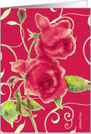 two red roses, watercolor painting, red background, card