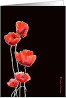 red poppies, watercolor painting, black background, card