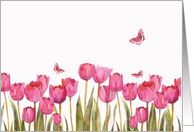 pink tulips, butterflies, watercolor painting, blank note card