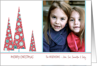 christmas photo card, three christmas trees, snowflakes, white card