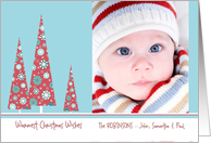 christmas photo card, three christmas trees, snowflakes, pale blue card